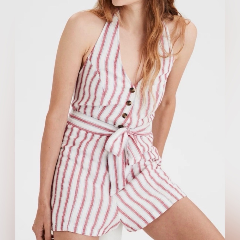 American Eagle Outfitters AE Striped Button Front Romper - Red, White, Blue